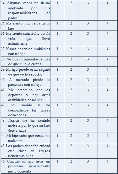 cuestionario de crianza parental, tabla 4
