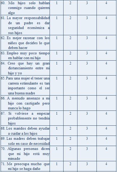 cuestionario de crianza parental, tabla 6