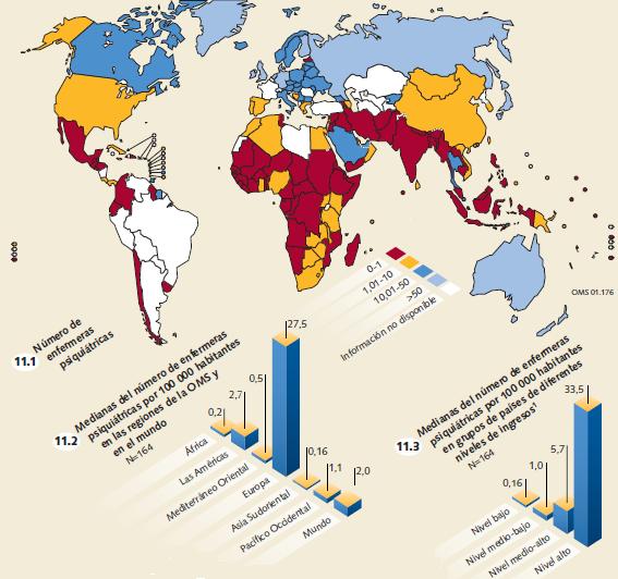 Atlas, salud mental, enfermeras psiquiátricas, mapa mundial