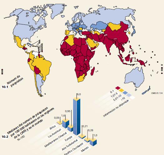 Atlas, salud mental, psiquiatras, mapa mundial