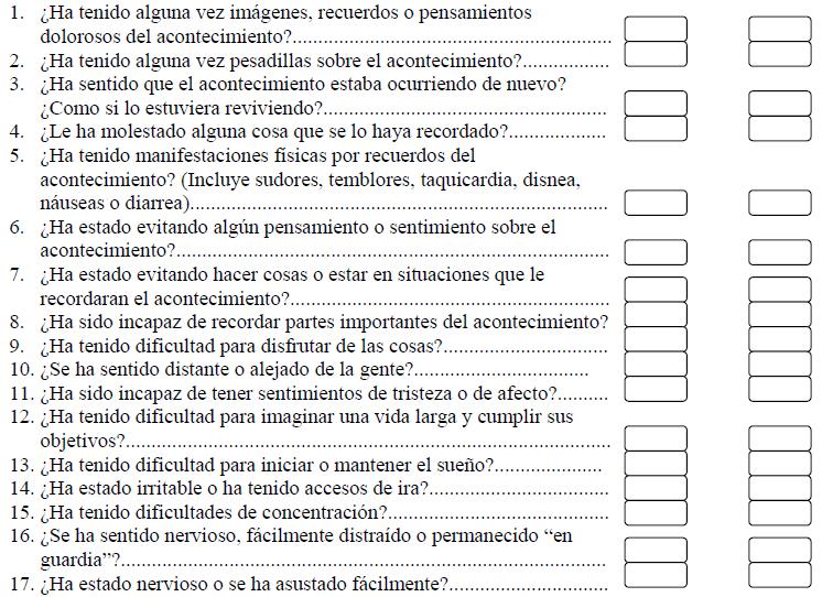 Escala de trauma de Davidson (DTS), preguntas